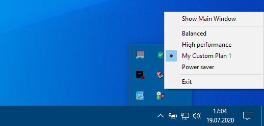 Tray menu for switching power plans