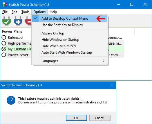 Switch Power Scheme desktop context menu options