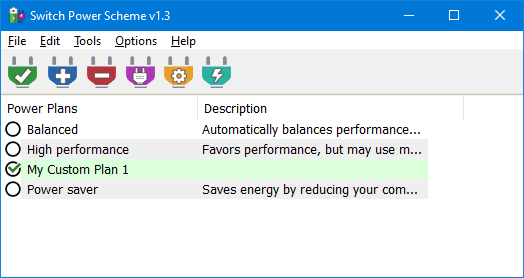 Main window listing power plans